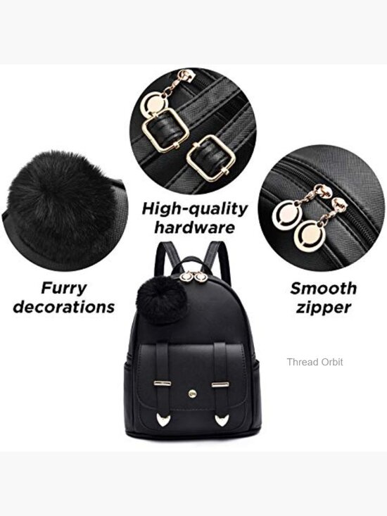Mini PU Leather Backpack, Cute Daypack with Pompom, 5 Pockets main image 4